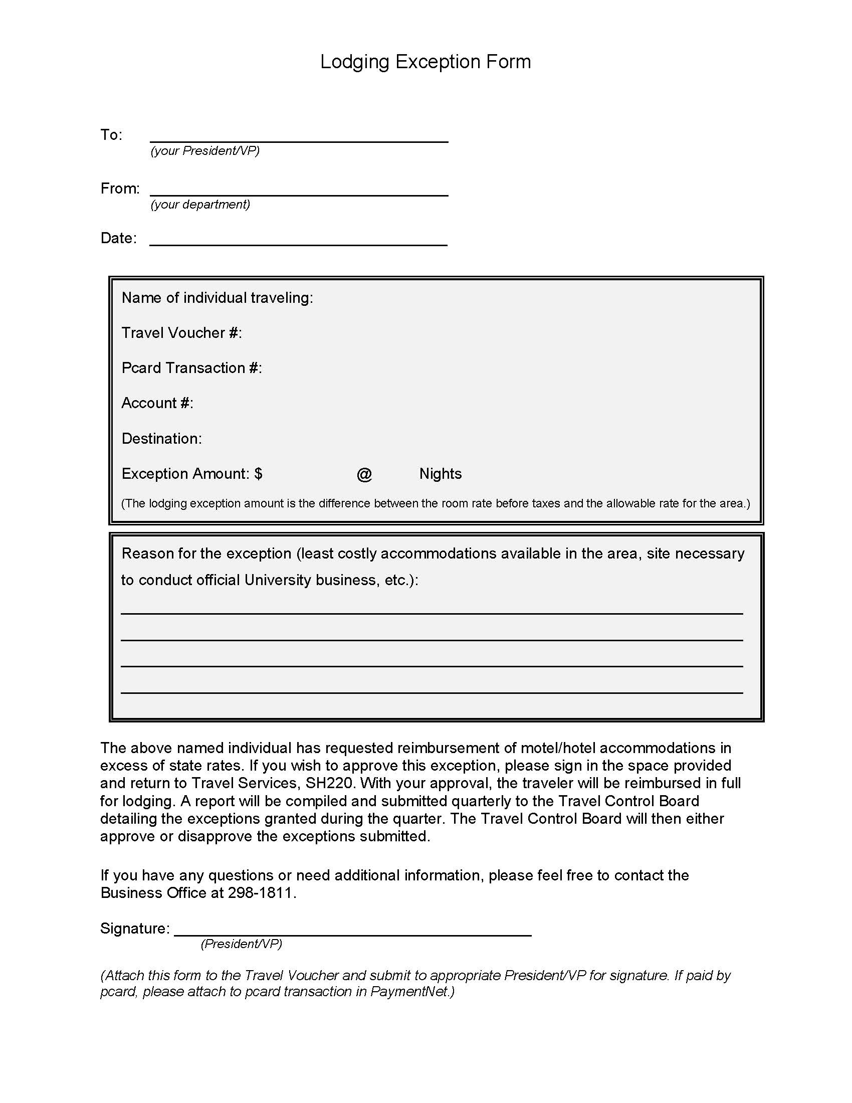 Lodging Exception Form