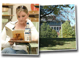 Photos of student reading and exterior of Stipes Hall.