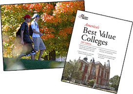Photos featuring students walk across campus during the fall and the Princeton Review cover for America's Best Value Colleges. Students on campus.