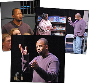 Actor and alumnus Michael Boatman workshops with a class of theatre students. Boatman working with theatre students.