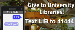 Picture of library atrium with phone graphic and text about how to send an SMS text message to donate to the library.