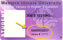 WIU ID with the ID number and Library number circled and an arrow pointing to it