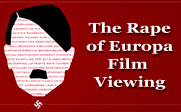 Stylized illustration of Hitler’s face with text of famous artist’s names filling in the shape of the face and the text The Rape of Europa Film Viewing.