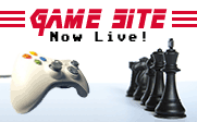Image of a video game controller facing one side of a chess board with the text Game Site Now Live!.