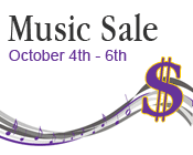 Illustration of sheet music where the last note is a dollar sign and the text Music Sale October 4th-6th