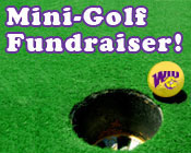 Photo of a golf ball about to go in the hole with the text Mini-Golf Fundraiser!