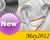 Photo collage of books, CDs, and earphones with the text New May, 2012.