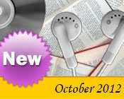 Photo collage of books, CDs, and earphones with the text New October, 2012.