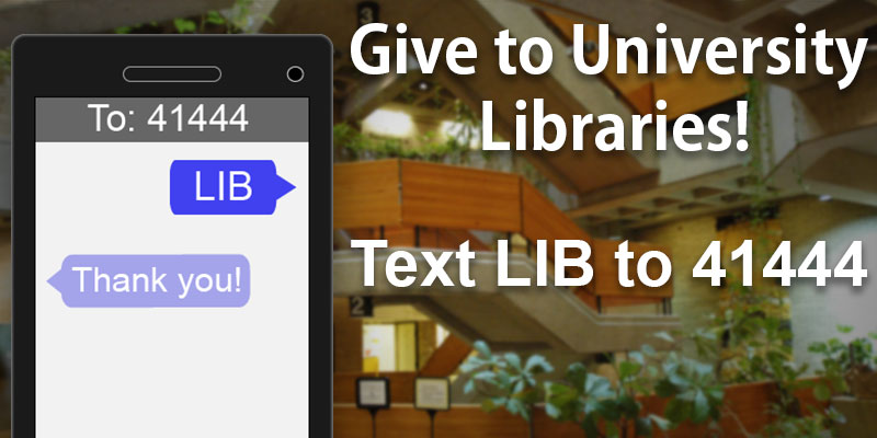 Picture of       library atrium with phone graphic and text about how to send an SMS text message to donate to the library.