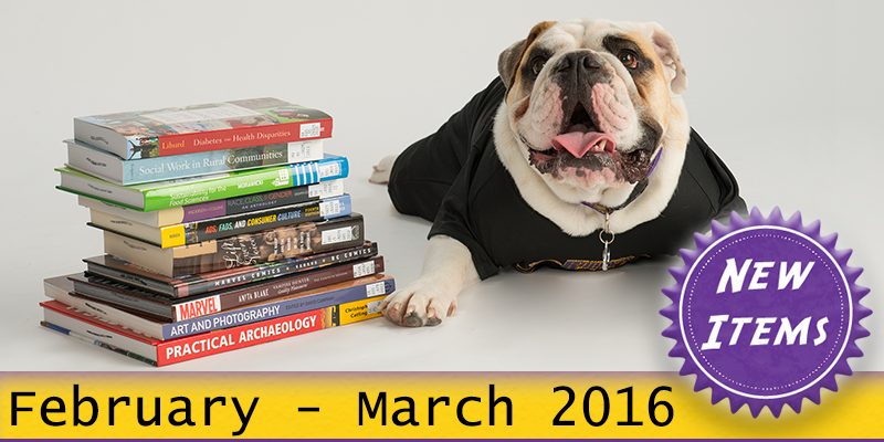 Photo of Col. Rock mascot with books with the text New February - March 2016.