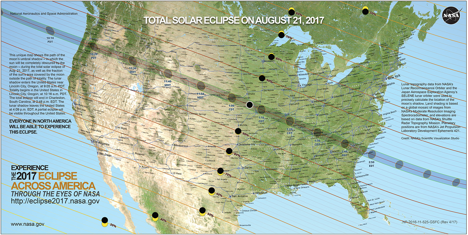Map of the United States with a highlight of the path of the eclipse.