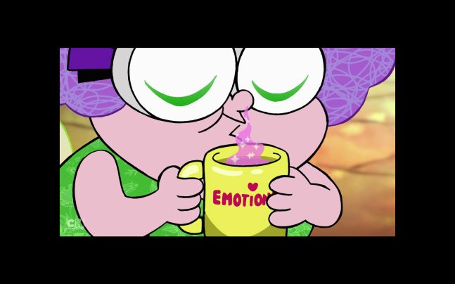 A cartoon person with purple hair holding a mug with steam coming out of it. The mug says 'Emotion'.