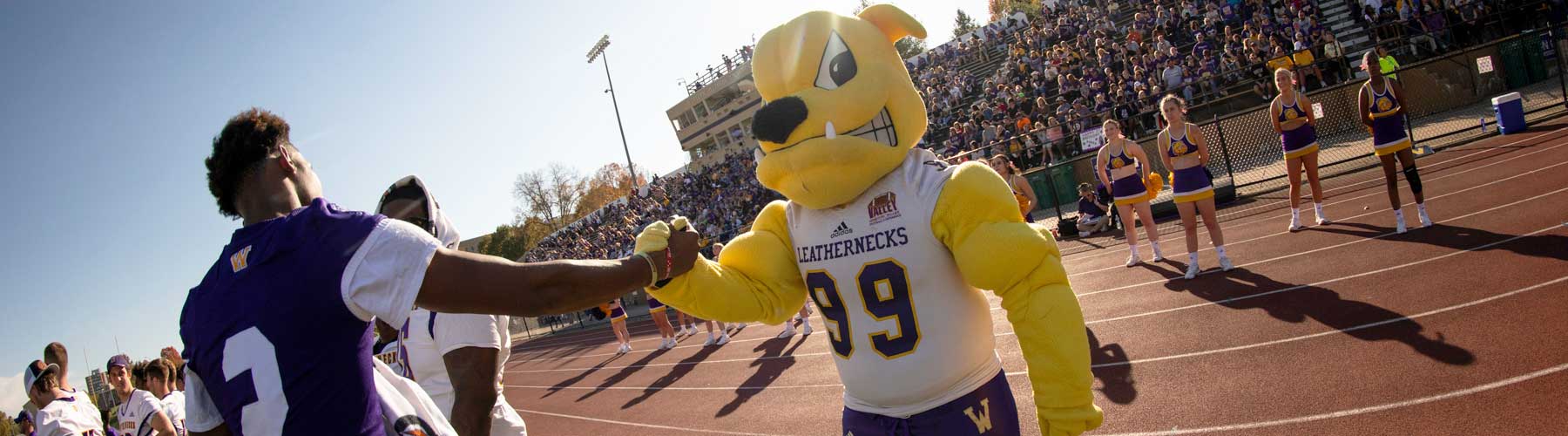 Mascot Rocky shaking hands with football player