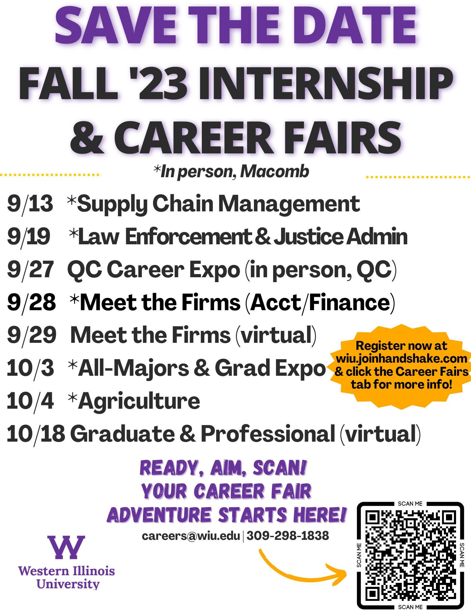 List of Career fairs for fall 23 and instructions to head to Handshake for more info and to register