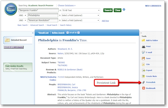 Screenshot of EBSCO database citation