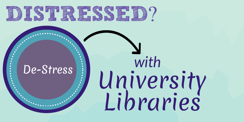 Graphic with text Distressed? De-stress with University Libraries