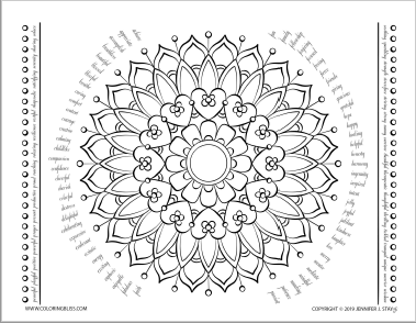 Mandala coloring page with empowering words around it.