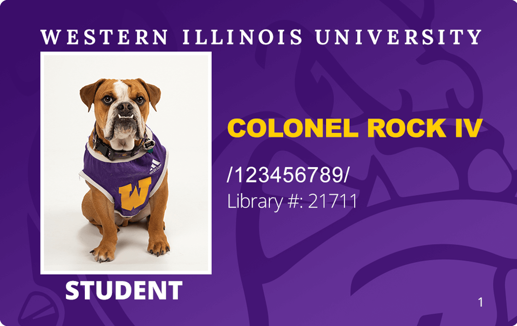 photo of a WIU Student ID card with a photo of the mascot Colonel Rock IV